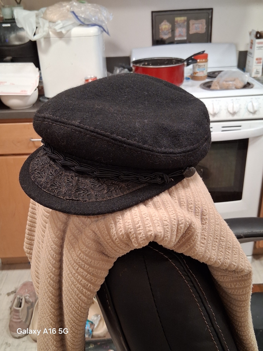Black Wool Greek Fisherman Style Cap with Braided Trim